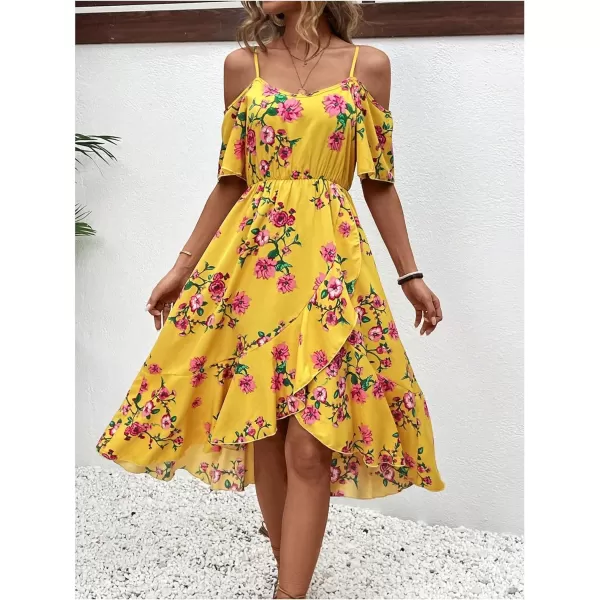 SweatyRocks Women's Floral Print Short Sleeve Cold Shoulder Dress Asymmetrical High Low Ruffle Midi Dresses