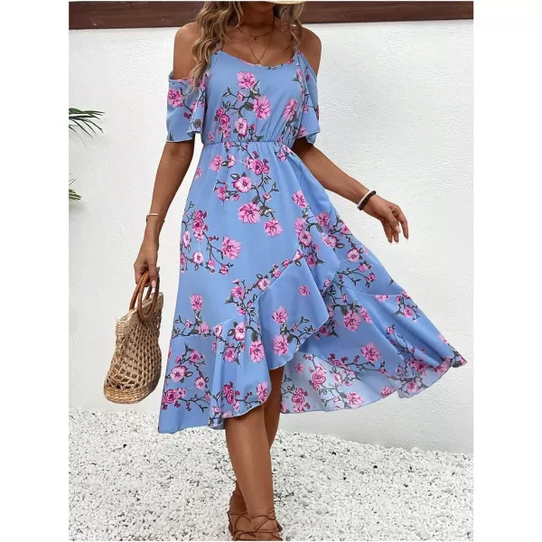 SweatyRocks Women's Floral Print Short Sleeve Cold Shoulder Dress Asymmetrical High Low Ruffle Midi Dresses