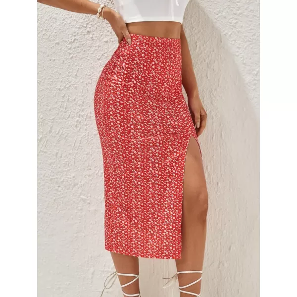SweatyRocks Women's Floral Print Split Thigh Skirt High Waist Bodycon Midi Skirts