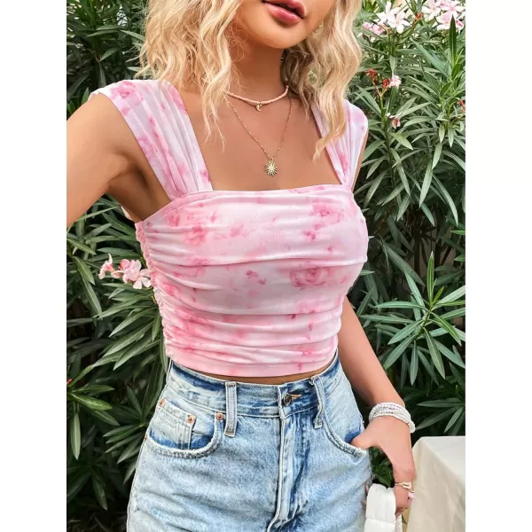 SweatyRocks Women's Floral Print Square Neck Tank Top Slim Fit Vacation Crop Tops