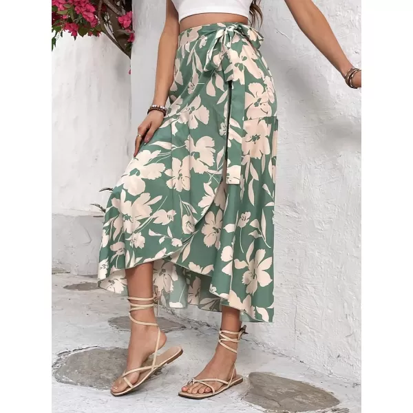 SweatyRocks Women's Floral Print Tie Side High Waist Ruffle Hem Flowy Casual Midi Skirt