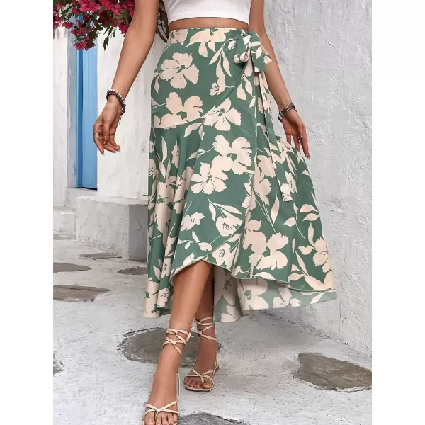 SweatyRocks Women's Floral Print Tie Side High Waist Ruffle Hem Flowy Casual Midi Skirt