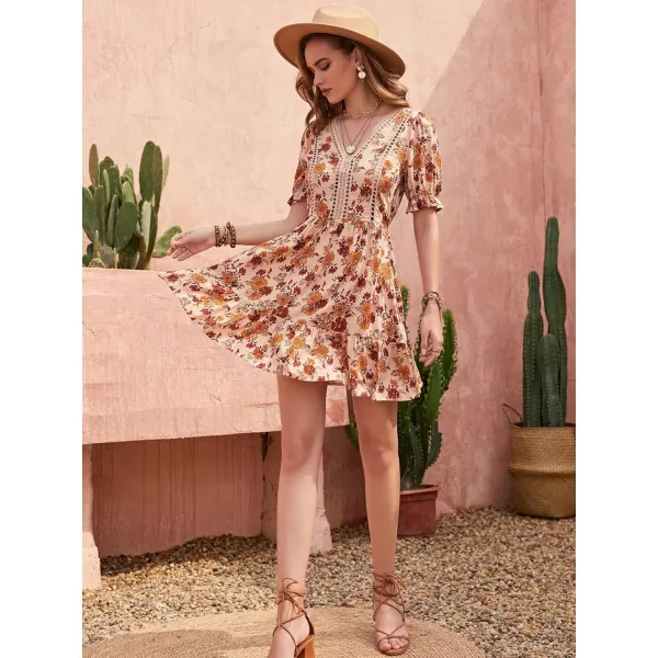 SweatyRocks Women's Floral Print V Neck Dress Short Puff Sleeve Tie Front Ruffle Hem Flare Short Dress