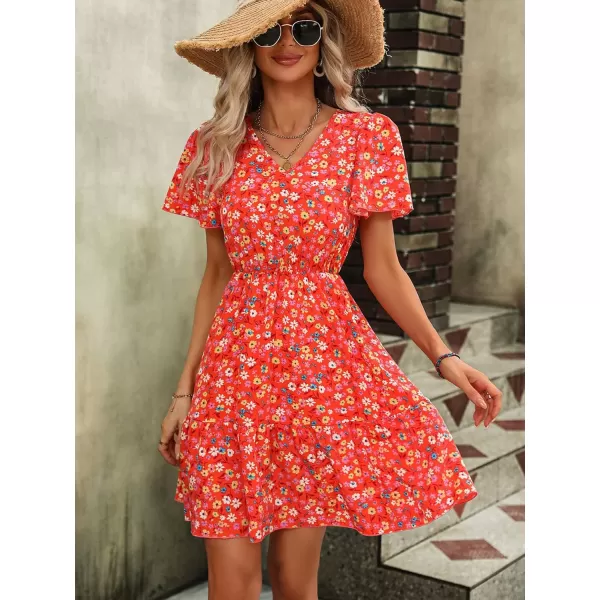 SweatyRocks Women's Floral Print V Neck Dress Short Puff Sleeve Tie Front Ruffle Hem Flare Short Dress