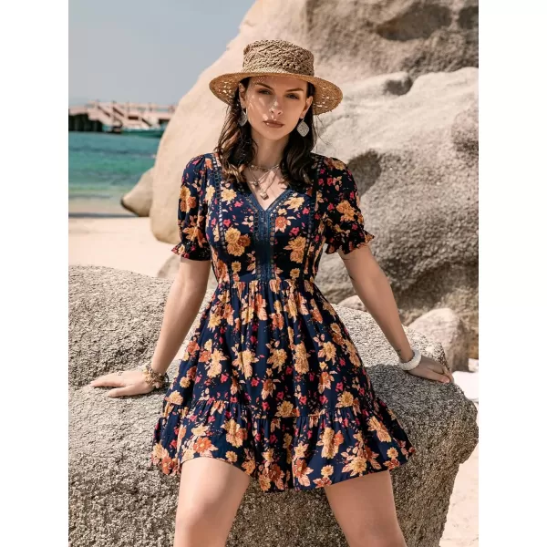 SweatyRocks Women's Floral Print V Neck Dress Short Puff Sleeve Tie Front Ruffle Hem Flare Short Dress