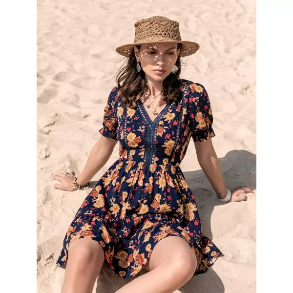 SweatyRocks Women's Floral Print V Neck Dress Short Puff Sleeve Tie Front Ruffle Hem Flare Short Dress