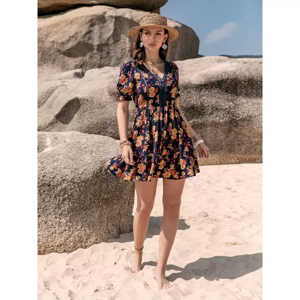 SweatyRocks Women's Floral Print V Neck Dress Short Puff Sleeve Tie Front Ruffle Hem Flare Short Dress