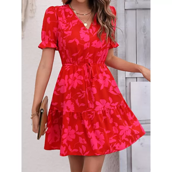 SweatyRocks Women's Floral Print V Neck Dress Short Puff Sleeve Tie Front Ruffle Hem Flare Short Dress