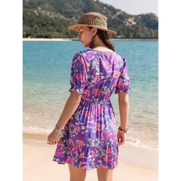 SweatyRocks Women's Floral Print V Neck Dress Short Puff Sleeve Tie Front Ruffle Hem Flare Short Dress