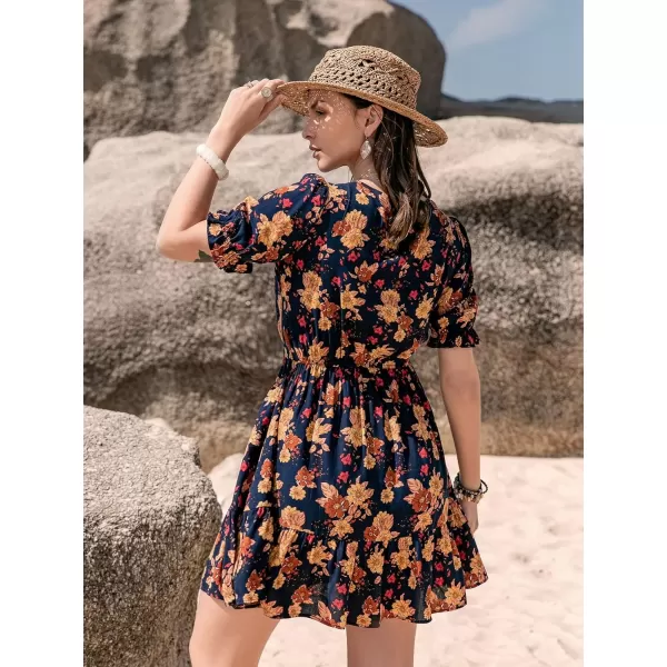 SweatyRocks Women's Floral Print V Neck Dress Short Puff Sleeve Tie Front Ruffle Hem Flare Short Dress