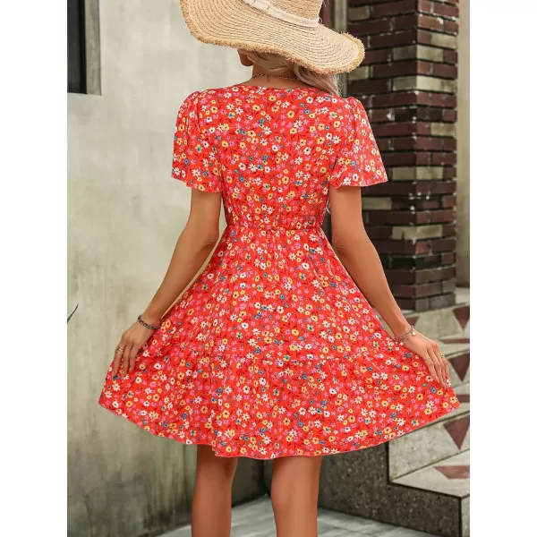 SweatyRocks Women's Floral Print V Neck Dress Short Puff Sleeve Tie Front Ruffle Hem Flare Short Dress