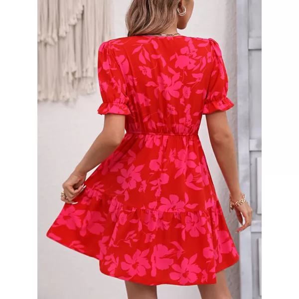 SweatyRocks Women's Floral Print V Neck Dress Short Puff Sleeve Tie Front Ruffle Hem Flare Short Dress