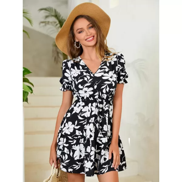 SweatyRocks Women's Floral Print V Neck Dress Short Puff Sleeve Tie Front Ruffle Hem Flare Short Dress