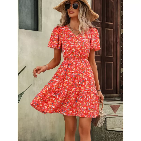 SweatyRocks Women's Floral Print V Neck Dress Short Puff Sleeve Tie Front Ruffle Hem Flare Short Dress