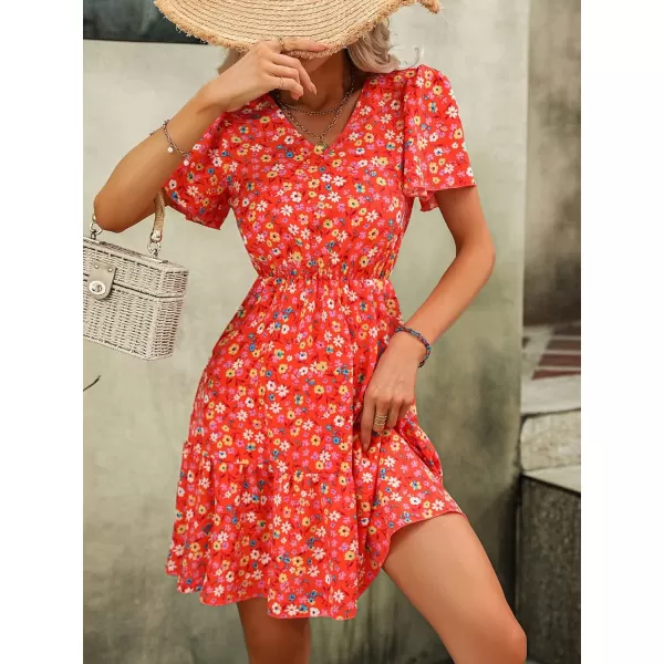 SweatyRocks Women's Floral Print V Neck Dress Short Puff Sleeve Tie Front Ruffle Hem Flare Short Dress