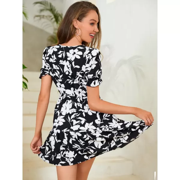 SweatyRocks Women's Floral Print V Neck Dress Short Puff Sleeve Tie Front Ruffle Hem Flare Short Dress