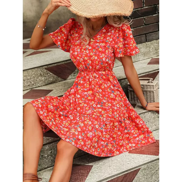 SweatyRocks Women's Floral Print V Neck Dress Short Puff Sleeve Tie Front Ruffle Hem Flare Short Dress