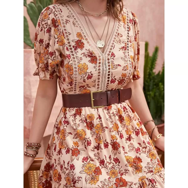 SweatyRocks Women's Floral Print V Neck Dress Short Puff Sleeve Tie Front Ruffle Hem Flare Short Dress