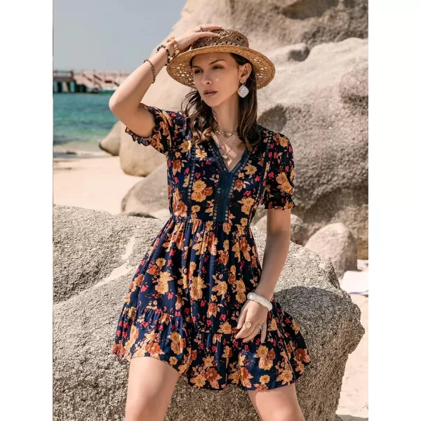 SweatyRocks Women's Floral Print V Neck Dress Short Puff Sleeve Tie Front Ruffle Hem Flare Short Dress