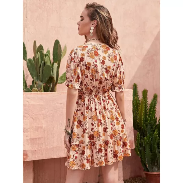 SweatyRocks Women's Floral Print V Neck Dress Short Puff Sleeve Tie Front Ruffle Hem Flare Short Dress