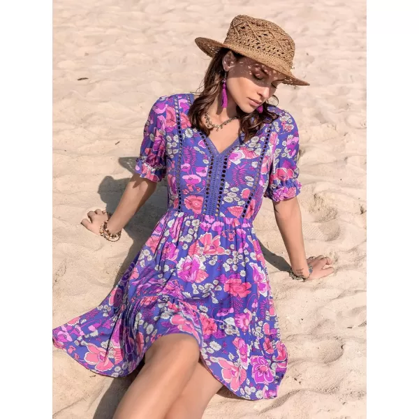 SweatyRocks Women's Floral Print V Neck Dress Short Puff Sleeve Tie Front Ruffle Hem Flare Short Dress