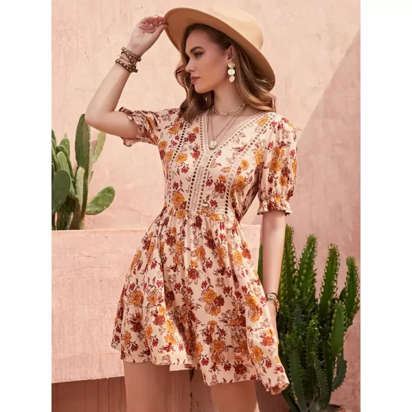 SweatyRocks Women's Floral Print V Neck Dress Short Puff Sleeve Tie Front Ruffle Hem Flare Short Dress