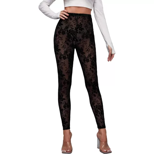 SweatyRocks Women's Floral Sheer Mesh Leggings Stretchy High Waist Pants