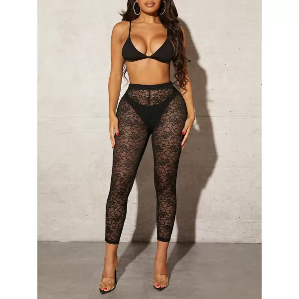 SweatyRocks Women's Floral Sheer Mesh Leggings Stretchy High Waist Pants