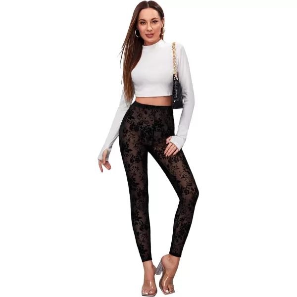 SweatyRocks Women's Floral Sheer Mesh Leggings Stretchy High Waist Pants