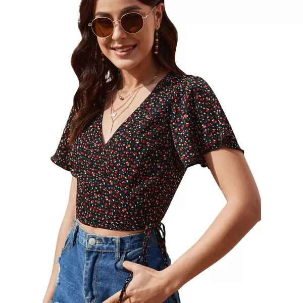 SweatyRocks Women's Floral Short Sleeve Deep V Wrap Shirred Crop Tops Blouse