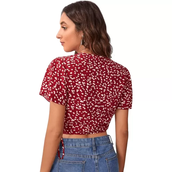 SweatyRocks Women's Floral Short Sleeve Deep V Wrap Shirred Crop Tops Blouse