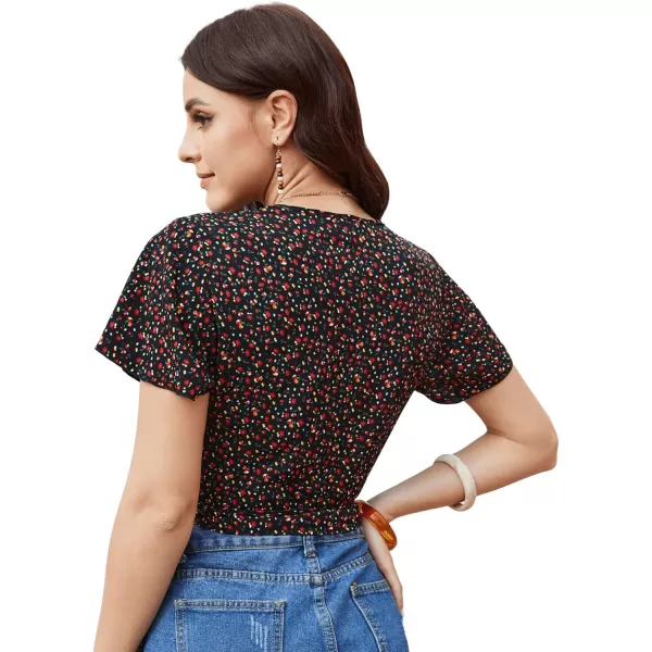 SweatyRocks Women's Floral Short Sleeve Deep V Wrap Shirred Crop Tops Blouse