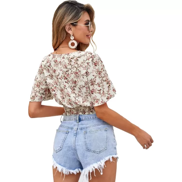 SweatyRocks Women's Floral Short Sleeve Deep V Wrap Shirred Crop Tops Blouse