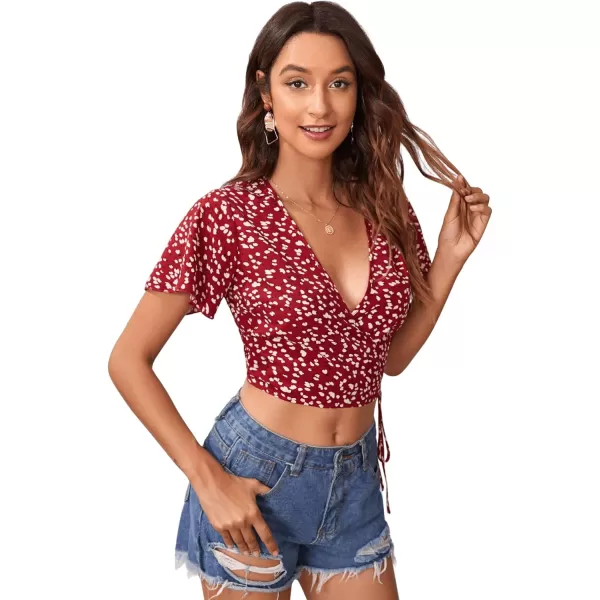 SweatyRocks Women's Floral Short Sleeve Deep V Wrap Shirred Crop Tops Blouse