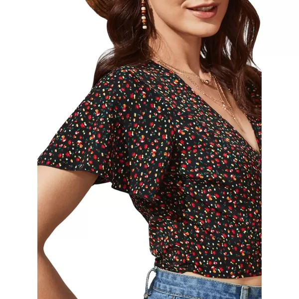 SweatyRocks Women's Floral Short Sleeve Deep V Wrap Shirred Crop Tops Blouse