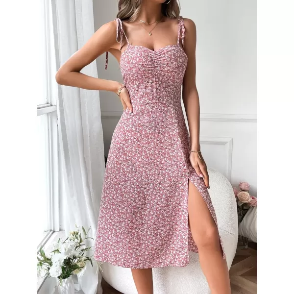 SweatyRocks Women's Floral Spaghetti Strap Cami Dress Tie Front Slit Thigh Mini Dress
