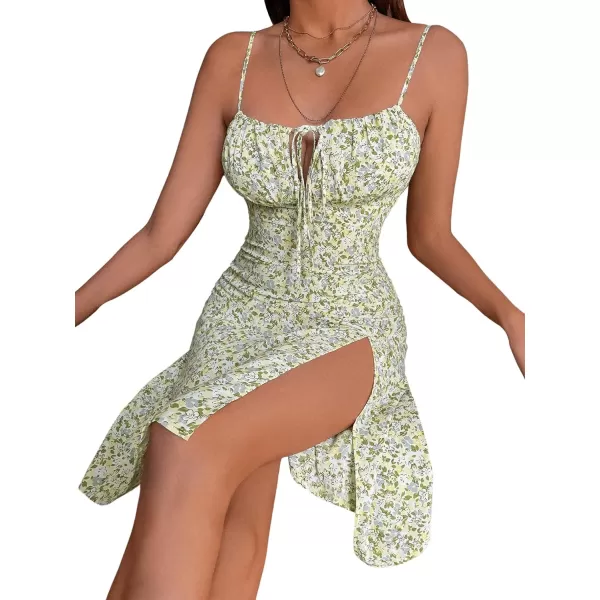 SweatyRocks Women's Floral Spaghetti Strap Cami Dress Tie Front Slit Thigh Mini Dress