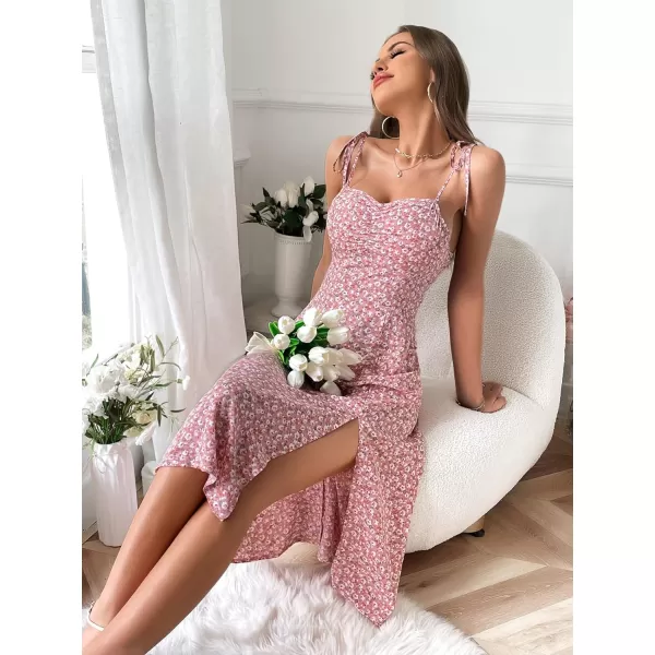 SweatyRocks Women's Floral Spaghetti Strap Cami Dress Tie Front Slit Thigh Mini Dress