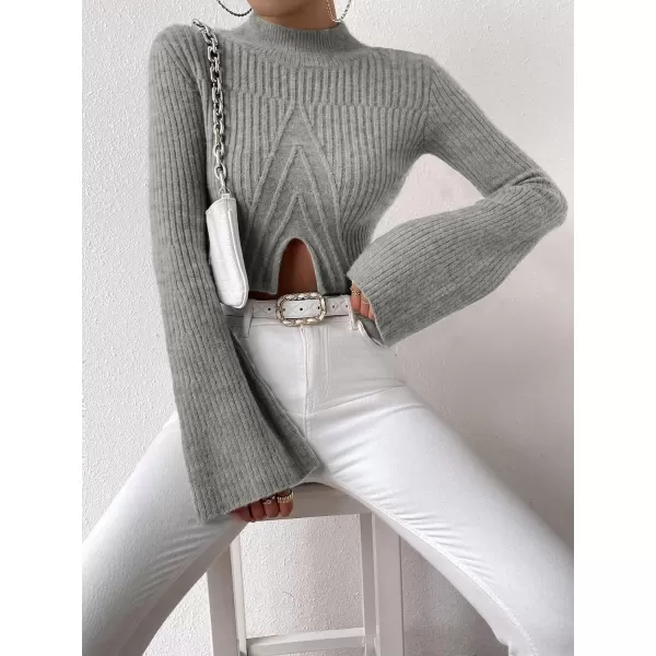 SweatyRocks Women's Flounce Long Sleeve Mock Neck Pullover Sweater Split Hem Knitted Crop Top