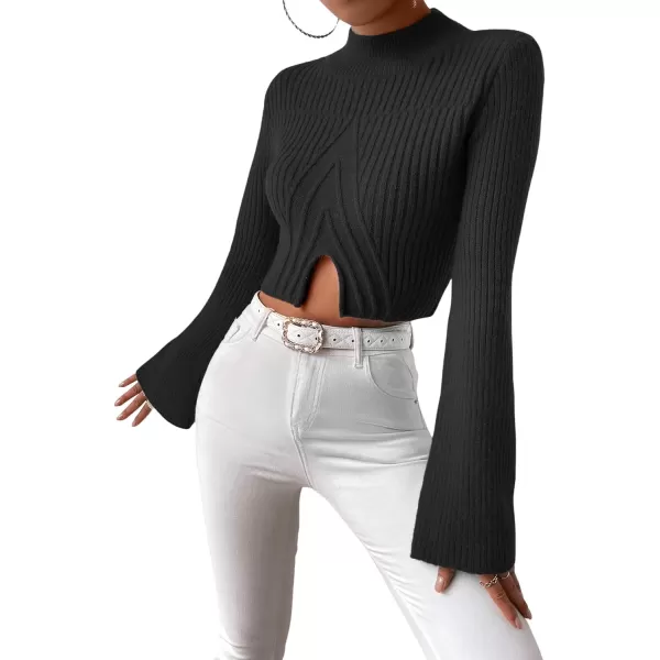 SweatyRocks Women's Flounce Long Sleeve Mock Neck Pullover Sweater Split Hem Knitted Crop Top