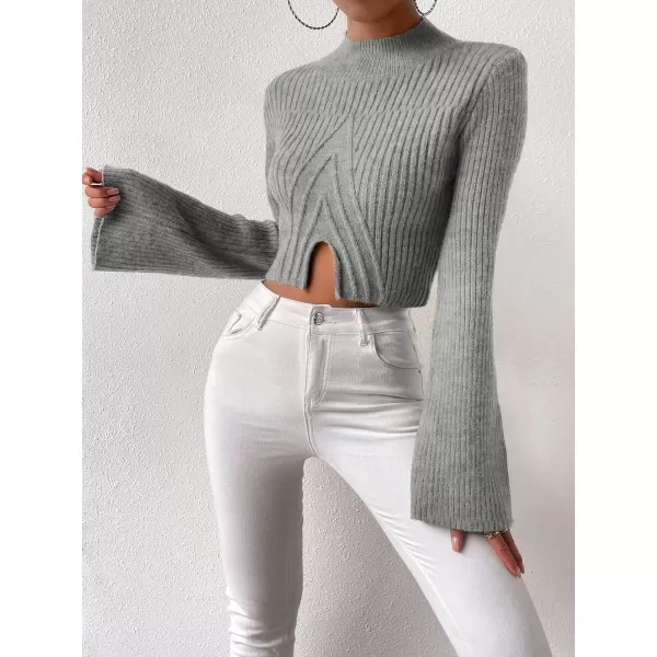 SweatyRocks Women's Flounce Long Sleeve Mock Neck Pullover Sweater Split Hem Knitted Crop Top
