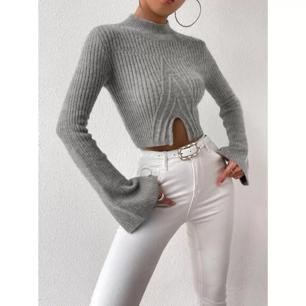 SweatyRocks Women's Flounce Long Sleeve Mock Neck Pullover Sweater Split Hem Knitted Crop Top