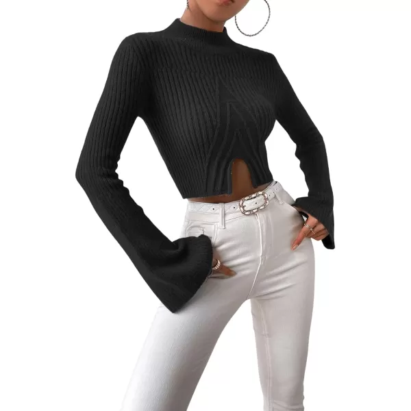 SweatyRocks Women's Flounce Long Sleeve Mock Neck Pullover Sweater Split Hem Knitted Crop Top