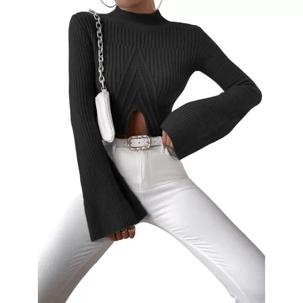 SweatyRocks Women's Flounce Long Sleeve Mock Neck Pullover Sweater Split Hem Knitted Crop Top