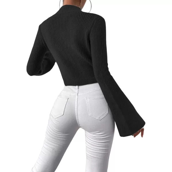 SweatyRocks Women's Flounce Long Sleeve Mock Neck Pullover Sweater Split Hem Knitted Crop Top