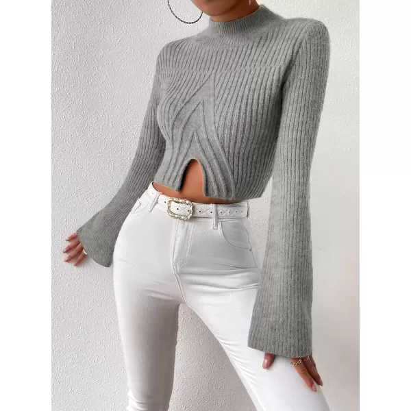 SweatyRocks Women's Flounce Long Sleeve Mock Neck Pullover Sweater Split Hem Knitted Crop Top