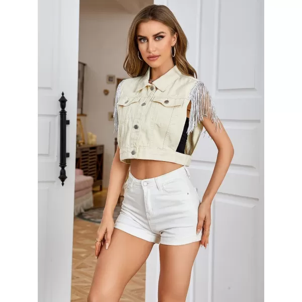 SweatyRocks Women's Fringe Button Down Crop Denim Jacket Sleeveless Collared Jean Coats