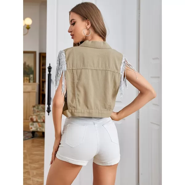 SweatyRocks Women's Fringe Button Down Crop Denim Jacket Sleeveless Collared Jean Coats