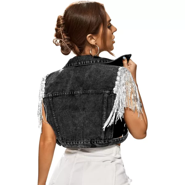 SweatyRocks Women's Fringe Button Down Crop Denim Jacket Sleeveless Collared Jean Coats
