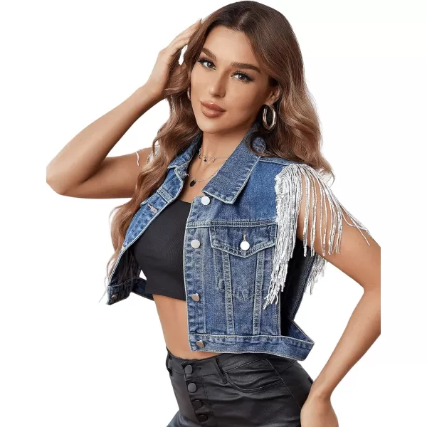 SweatyRocks Women's Fringe Button Down Crop Denim Jacket Sleeveless Collared Jean Coats